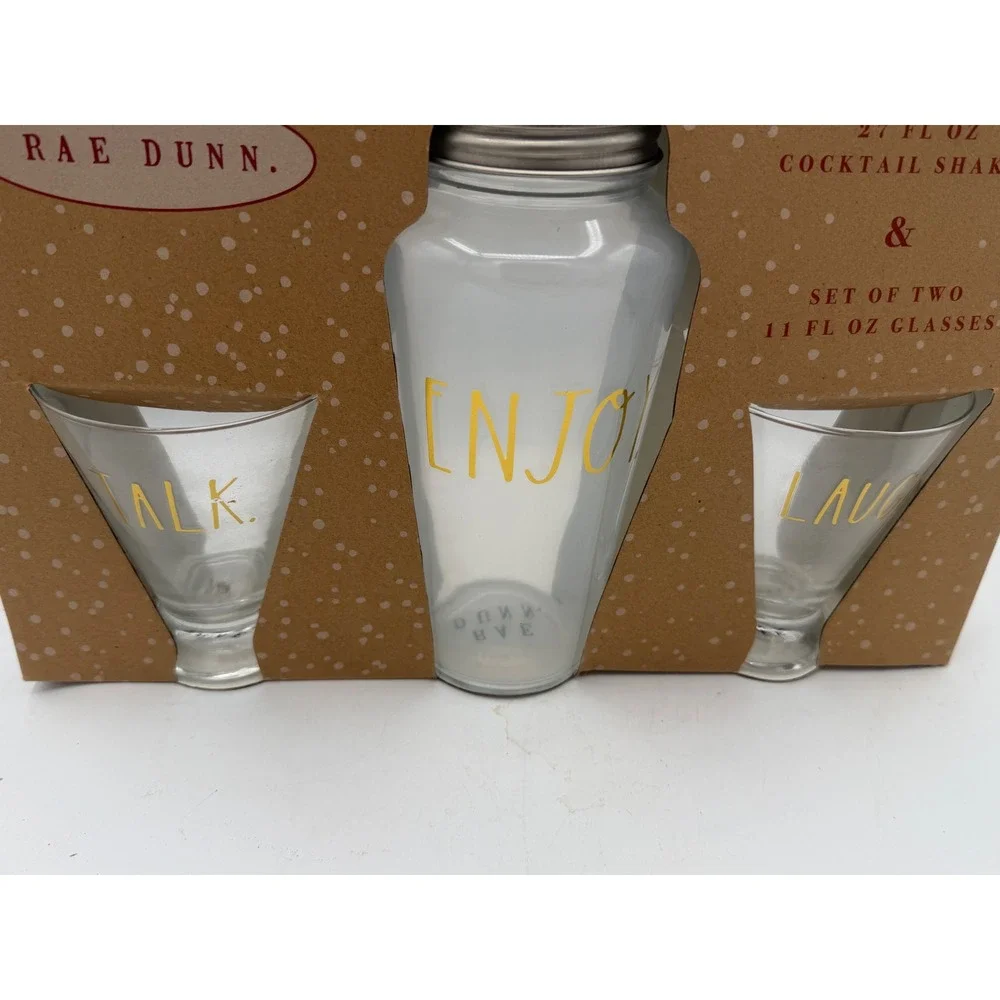 NIB Rae Dunn Enjoy Talk Laugh Clear Glass Cocktail Shaker Martini Glasses Set